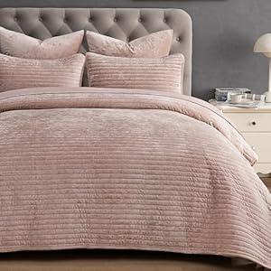 PHF Luxury Velvet Quilt Set Queen Size – 3PCS Ultra Soft Quilted Comforter Alternative with Striped Channel, Cozy Quilted Bedspread, 1 Coverlet with 2 Matching Shams, 90" x 92", Rose Pink