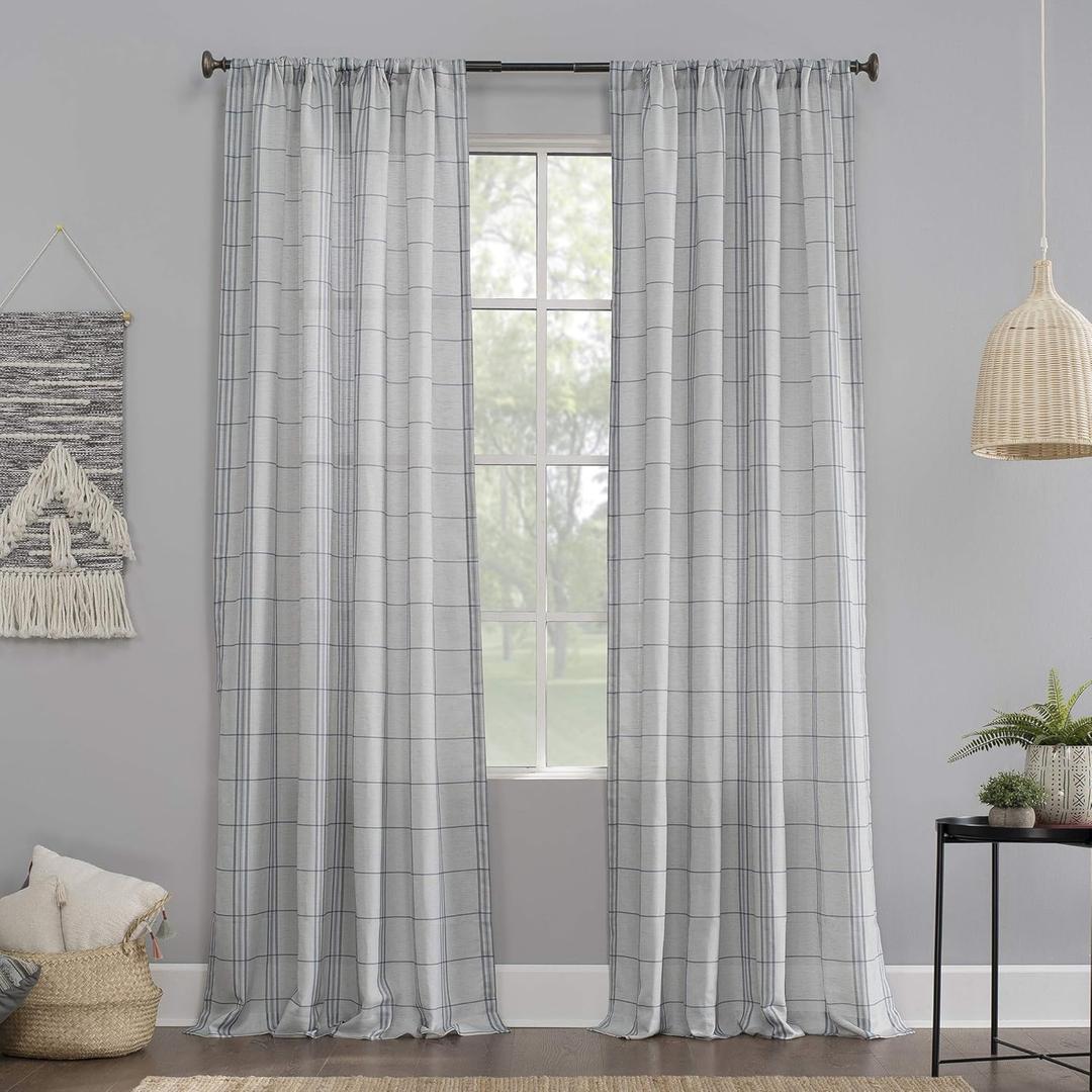 No. 918 Castille Farmhouse Plaid Linen Semi-Sheer Rod Pocket Curtain Panel, 54" x 84", Blue/Linen