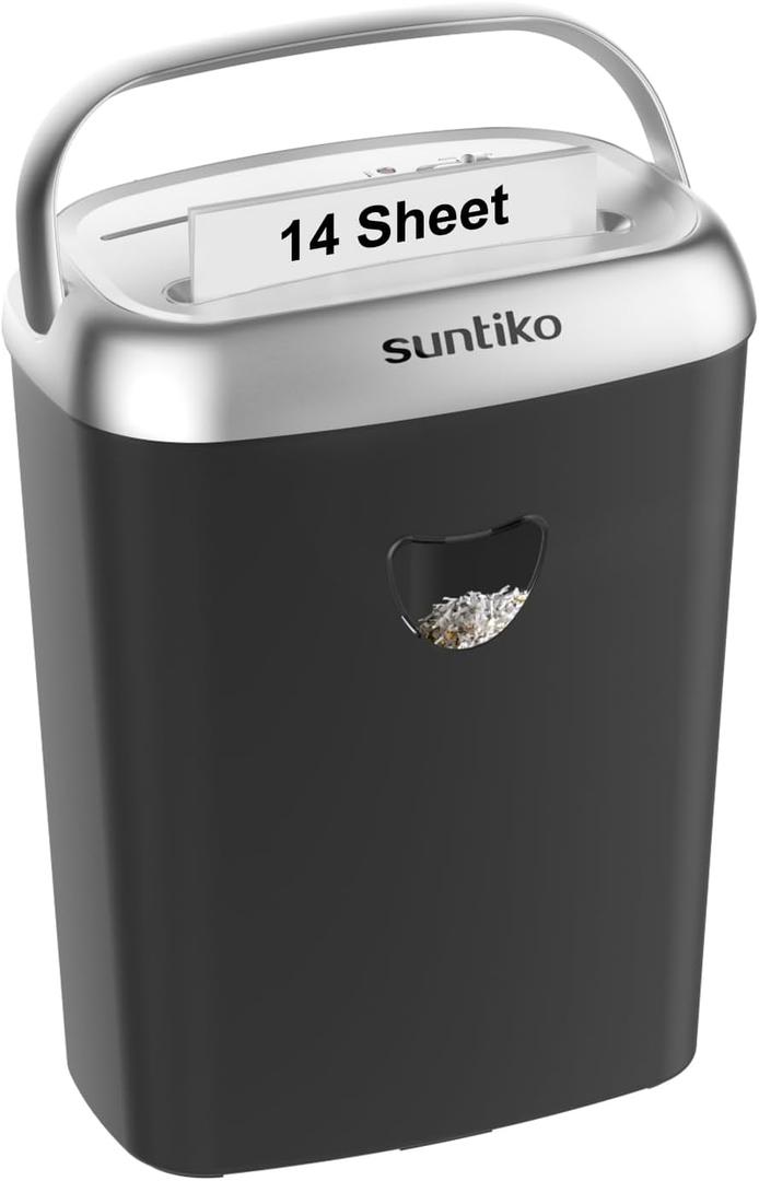 Suntiko 14-Sheet Cross Cut Paper Shredder for Home Office, P-4 High Security Heavy Duty Shredder for Office Use, Jam Proof Paper Shredder with 6.6 Gallon Bin for Credit Card CD Staples, ETL Certified