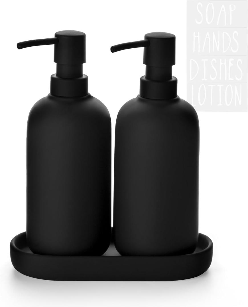 Ceramic Soap Dispenser Set - Elegant Hand Soap Pump with 4 Labels (Soap, Dishes, Lotion, Hands) - Durable & Stylish Design for Kitchen & Bathroom Decor, Refillable Liquid Soap Dispenser (3 Pack, Rubber Paint Black)