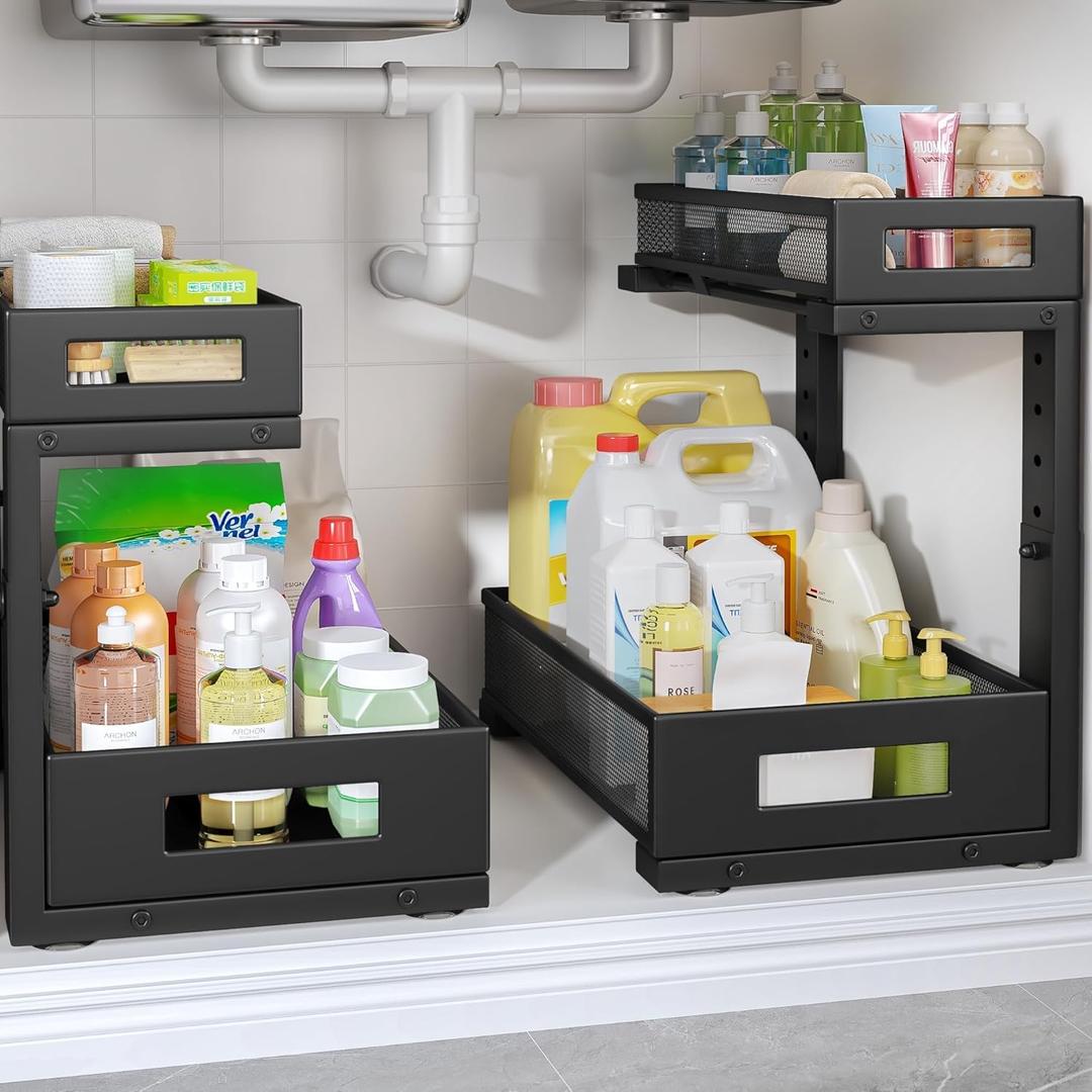 2-Pack Under Sink Storage Organizer, Large 2-Tier Elegant Mesh Pull Out Shelf for Kitchen and Bathroom Cabinet Organization, L-Shaped and Adjustable Height Design,Patent Pending-Black (2 Pack-15.74"Dx11.4"-16.14"H)