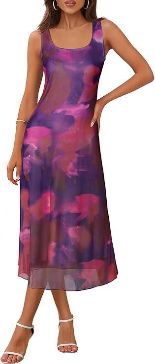MEROKEETY Women's 2025 Summer Tie Dye Midi Dress Sleeveless Casual Stretchy Mesh Boho Beach Sundress, Plum, Small