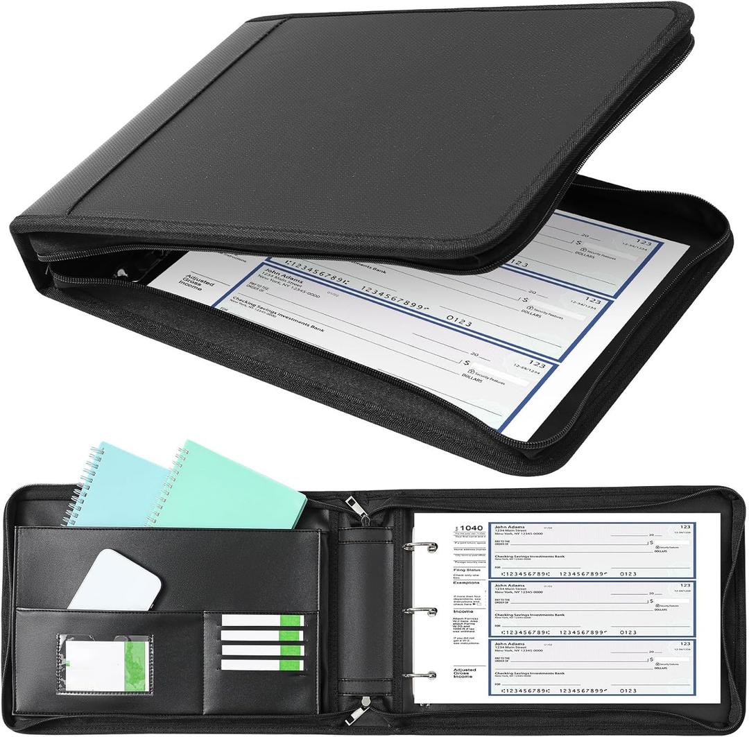 Henoyso 3 Rings Fireproof Business Check Binder with Zipper 1 Inch DRings 3 on a Page Fit 3 & 9 Holes Check 600 Sheets Capacity Organizer Binder for Office Storage End Stub Deskbook (Black)