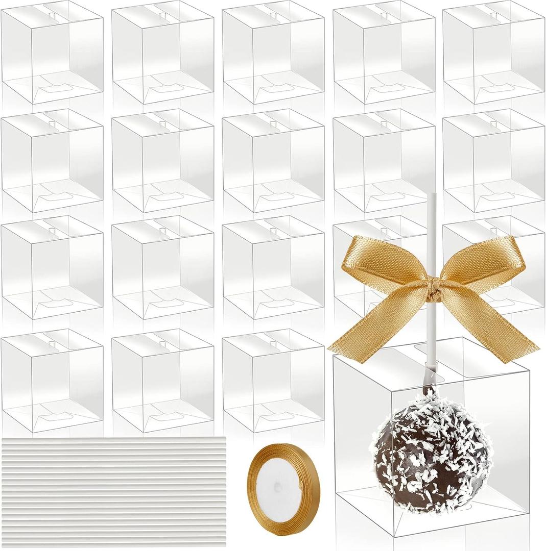 Tuanse 150 Packs Clear Cake Pop Holder with Hole for Sticks 2 x 2 x 2 Inches Plastic Candy Cupcake Boxes with 200 Pcs Lollipop Sticks and Gold Ribbon Individual Boxes for wedding Party Supplies