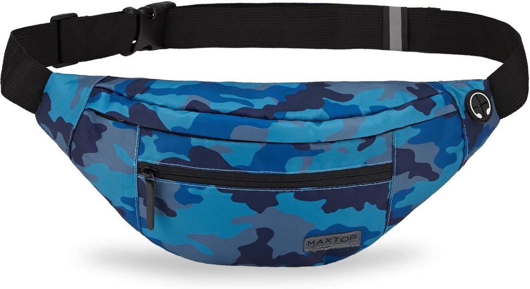 MAXTOP Large Crossbody Fanny Pack with 4-Zipper Pockets,Gifts for Enjoy Sports Festival Workout Traveling Running Casual Hands-Free Wallets Waist Pack Phone Bag Carrying All Phones (Camo Blue)