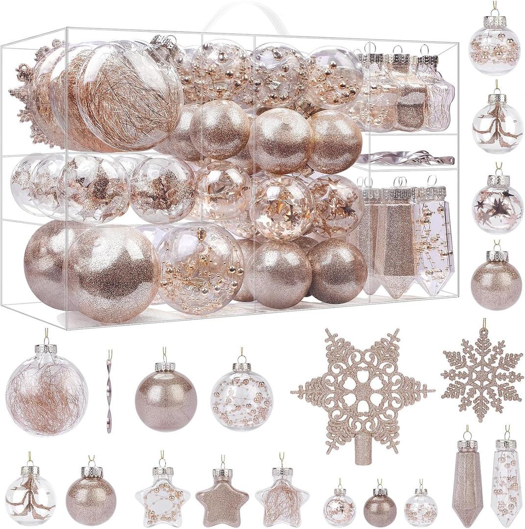 SHareconn 86PCS Christmas Tree Ornaments Clear Set, Shatterproof and Clear Plastic Baubles for Xmas Tree Decor, Holiday Wedding Party Decoration, Champagne (86CT)
