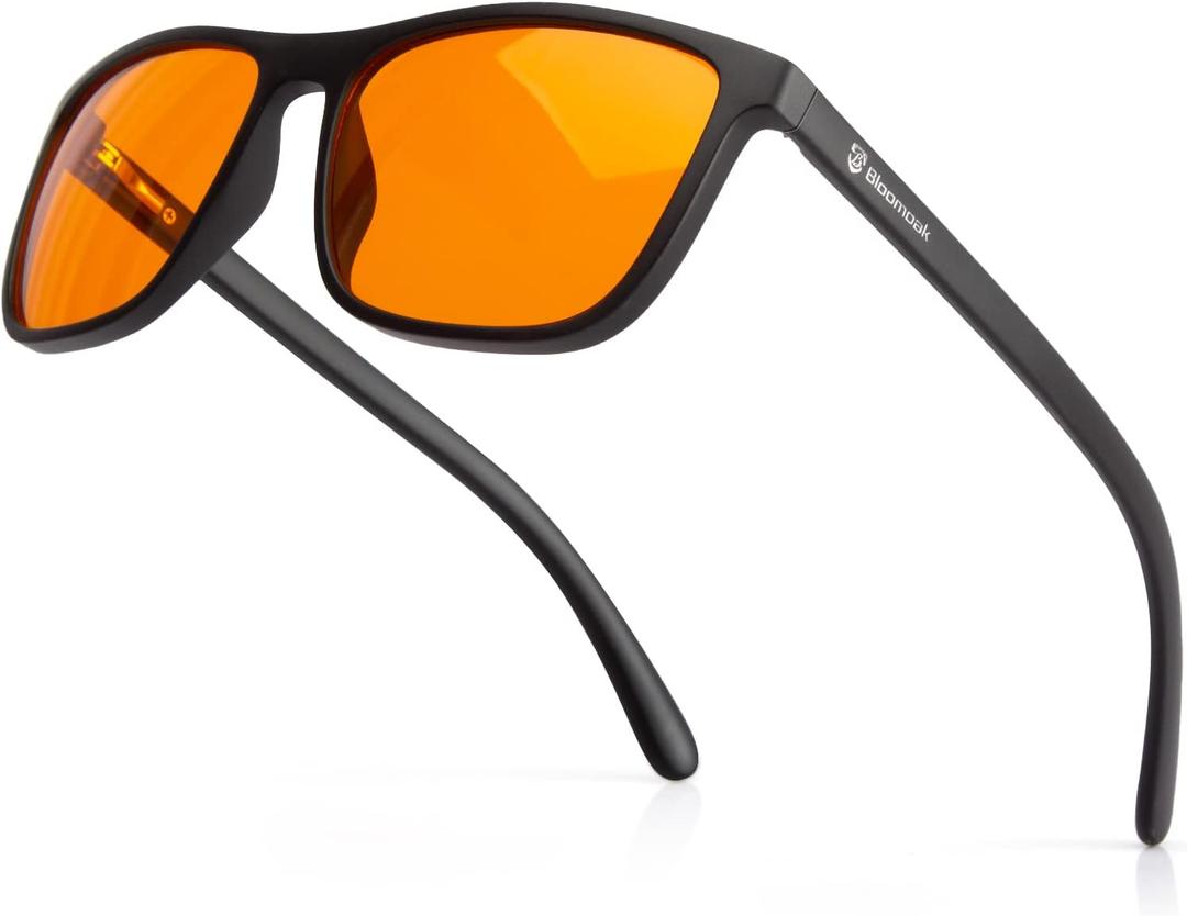 Bloomoak-99% Blue Green Light Blocking Glasses - Gaming Glasses - Anti Glare - Anti Fatigue -Suitable for Screens, Games, TVs (Orange - 99% - Rectangular Matte Black)