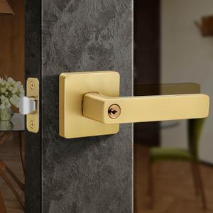 Moquin Gold Door Handles with Lock and Key, Heavy Duty Square Brushed Gold Door Handles with Reversible Lever for Bedroom or Front Door, Satin Brass, Style: Keyed Entry-Lock & Key