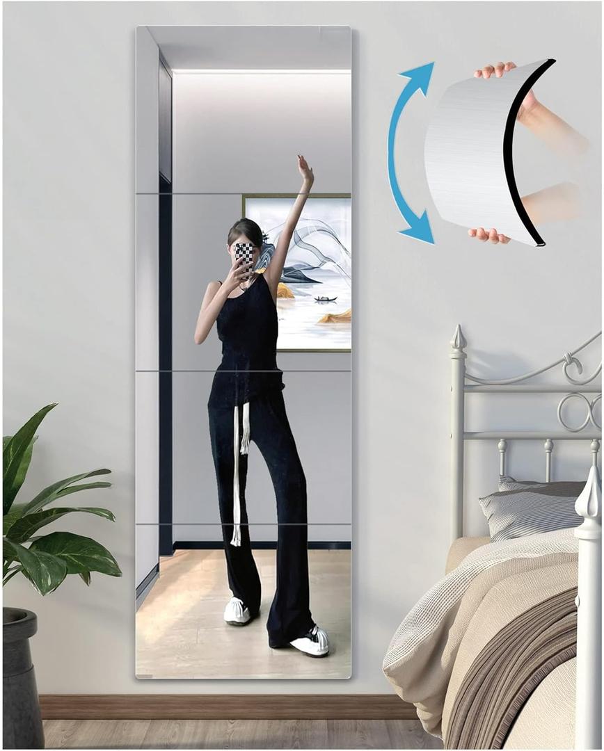 Shatterproof Wall Mirror Full Length for Bedroom, Acrylic Gym Mirrors For Home, Extra Thick: 0.12 inch, 13.88 x 13.88 inch x 4 Pcs, Workout Mirrors Safe for Kids, Over The Door, Long Wall Mounted