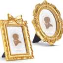 Qunclay 2 Pcs Vintage Picture Frames Antique Baroque Ornate Resin Rectangle Oval Photo Frames with Glass Front Tabletop and Wall Decor for Home Wedding Christmas Party Decor(Gold,2.3 x 3.5 Inches)