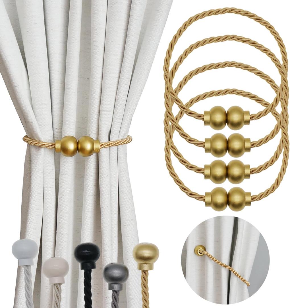 4 Pack Magnetic Curtain Tiebacks Modern Handmade Rope Curtain Tie Backs Decorative Drapes Weave Holdbacks for Home Outdoor Bedroom Office Decorative Curtain, Gold, 15.7"L x 0.98"W