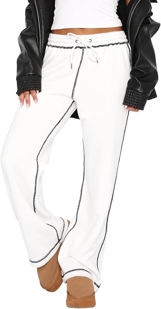 DISCIPBUSH Track Pants Women Sweatpants Lounge Pants (White, L)
