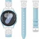 Leather Band for Samsung Galaxy Watch 7/6/5/4/ FE Band 40mm 44mm Women, Bling Leaf Clover Slim Watch Band Replacement Strap for Galaxy Watch 4/6 Classic/5 Pro/Active 2, Blue-Silver Shell