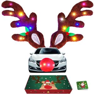 IC ICLOVER Reindeer Antlers for Cars with LED Lights, Car Reindeer Antlers & Red Nose, Glowing LED Reindeers Costume Kit, Car Christmas Decorations Xmas Gifts for Most Vehicles SUV MPV Van Truck