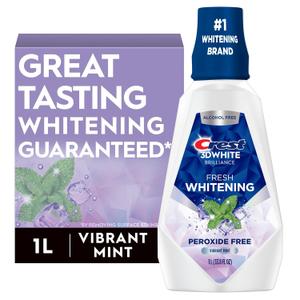 Crest 3D White Brilliance Whitening Mouthwash, Alcohol Free, Clean Mint, 1L (33.7 fl oz), Pack of 6
