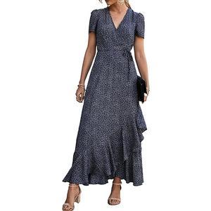 PRETTYGARDEN Women's Summer Wrap Maxi Dress Casual Boho Floral V Neck Short Sleeve Ruffle Hem Split Beach Long Dresses
 XL (Blue)