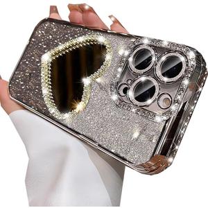 Changjia Glitter Mirror Case for iPhone 15 Pro Max,Luxury Diamond Heart Makeup Mirror Bling Sparkly Rhinestone with Camera Protector Soft Plating Bumper Women Girls Case for iPhone 15 Pro Max (Silver)