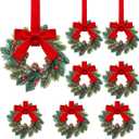 Knitgrip 8 Pcs Mini Christmas Wreaths for Cabinet Kitchen Windows Decors Bulk with Red Bow Small Artificial Norfolk Farmhouse Wreaths with Berry Pine Cone for Fireplace Front Door Porch Wall Hanging