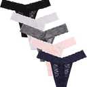 Women's Sexy Lace Thongs V Cheeky Underwear See Through Panties Pack of 5 (Large)