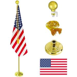 Indoor Flag Pole Kit，Telescoping 6FT-8FT FlagPole with Base,Rotate 360 Degrees,3x5 FT US Flag, Golden Ball Topper, Yellow Pendant,Suitable for Office,School, City Hall(Glod-1Pack)
