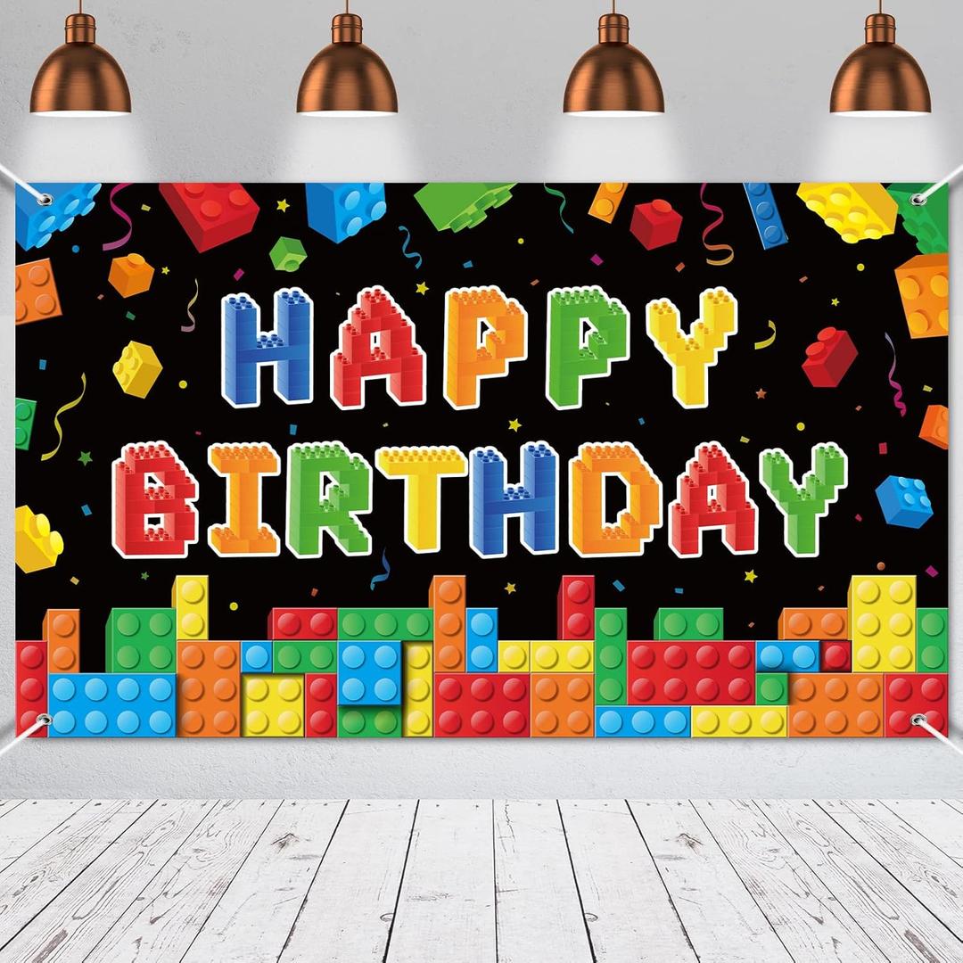 Panelee Building Block Birthday Banner Building Blocks Party Backdrop Decoration Happy Birthday Banner Photography Background for Party, 72.8 x 43.3 Inch(Black)