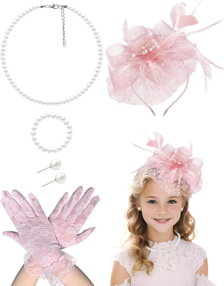 Girls Tea Party Fascinators Hats with Lace Gloves Pearl Necklace Earring Jewelry for Tea Party Wedding Accessories