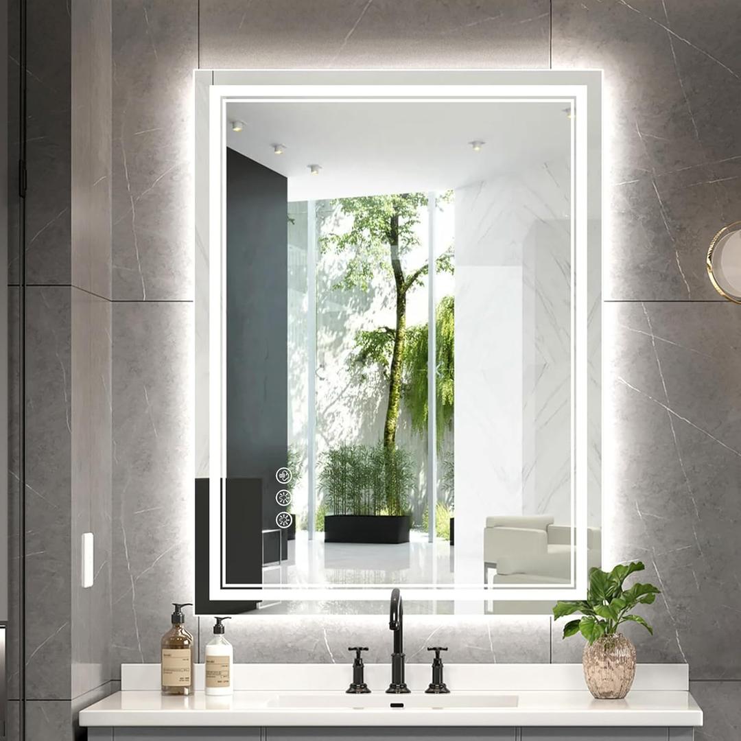 24x32 3 Colors Led Mirror for Bathroom with Front Light and Backlit,Dimmable Anti Fog Wall Bathroom Mirror with Led Lights, Water Proof, Decor Vanity Mirror (32"L x 24"W)