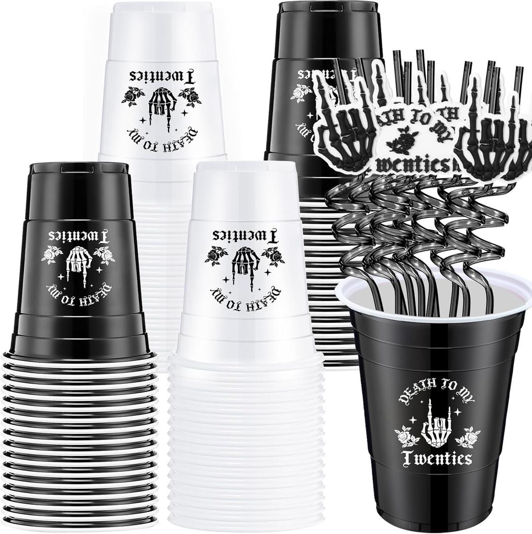 32 Pack Death to My 20s Decorations 16 Pcs Rip 20s Birthday Cups 16 oz Disposable Plastic Black White Cups and 16 Pcs Gothic Straws 30th Birthday Decoration for Halloween Party Supplies