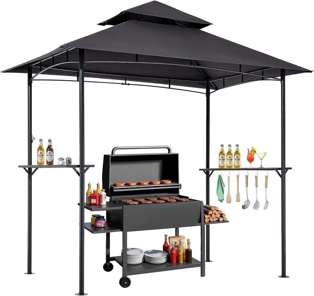 VEVOR Grill Gazebo, 8 x 5 ft Outdoor BBQ Gazebo with Double-Tiered Roof, Powder-Coated Steel Patio Grill Shelter with 2 Side Shelves & 8 Hooks, Grilling Canopy for Patio Backyard Garden Picnic