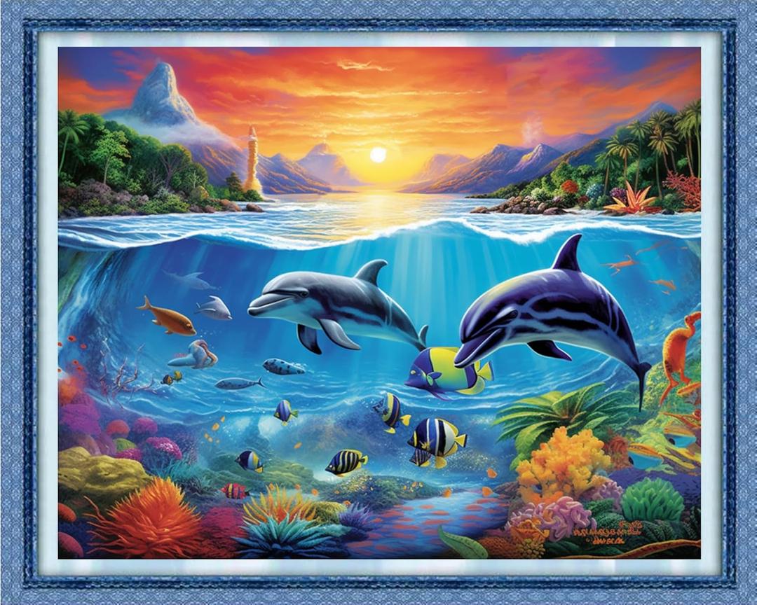 DMCVIVR Stamped Cross Stitch Kits for Adults Beginners Embroidery Kits 11CT Needlepoint Kits Cross Stitch Patterns Embroidery Patterns&Dolphin Sea World 16x20 inch (Handicraft43)