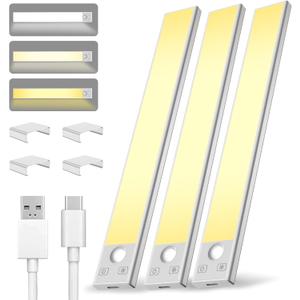 Under Cabinet Lighting 8 inch Rechargeable Battery Operated Motion Sensor Light Wireless Under Counter Lights for Kitchen, Stairs,Hallway (3 Pack)