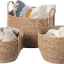 Vintiquewise Decorative Round Wicker Woven Rope Storage Blanket Basket with Braided Handles - Set of 3 (Brown)