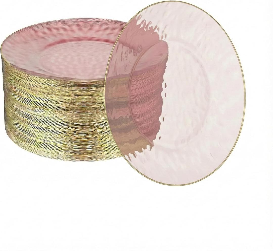 R-kay 100 Pack Pink Plastic Plates - 6.25 IN Hammered Gold Rimmed Sturdy, Durable And Extra Heavy duty Pink And Gold Plastic Dessert Plates Disposable - Appetizer Plates Disposable For All Occasions