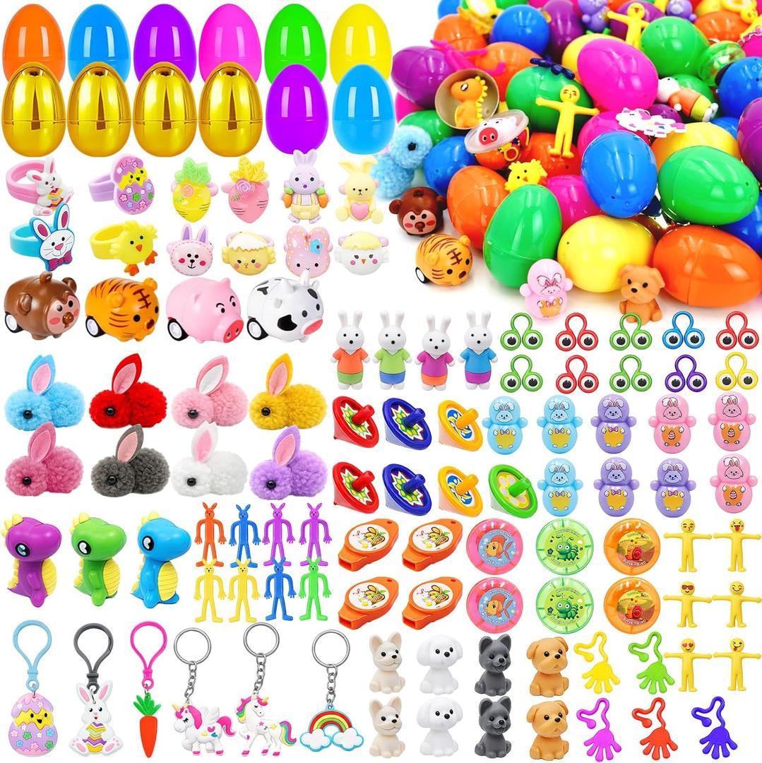 100 PCS Prefilled Easter Eggs with 6 Surprise Golden Eggs & Assorted Toys, Plastic Fillers with Toys for Kid Toddler Boys Girls Party Favors Easter Basket Stuffers