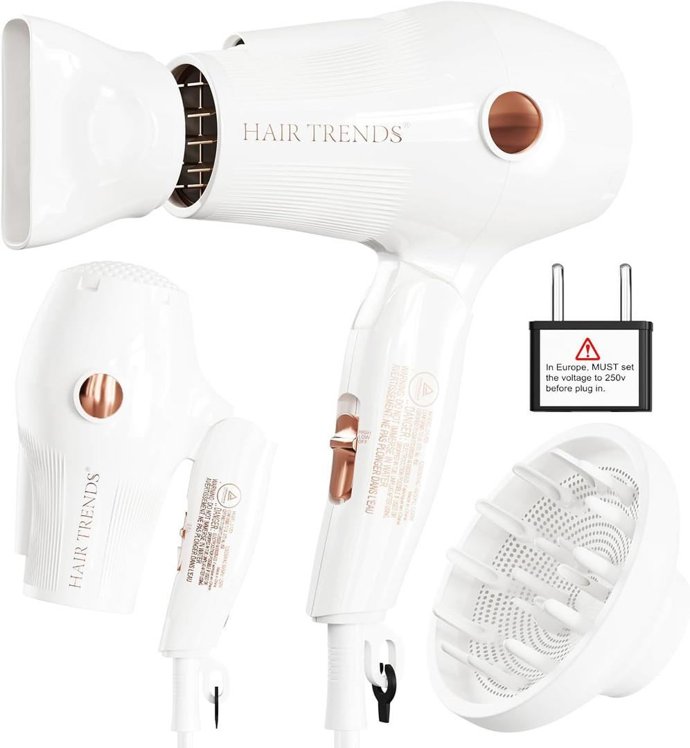 Travel Hair Dryer Mini with Diffuser&Concentrator,110~250V Dual Voltage Hair Dryer Blow Dryer Mini Size for European Travel, Portable Blow Dryers for Women and Men with EU Plug (White)