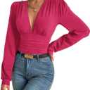 SURRO Women's Bodysuit Shirts Elegant Deep V Neck Leotard Blouses Long Sleeve Belly Hiding Tops Hook Closure (Blue, M)