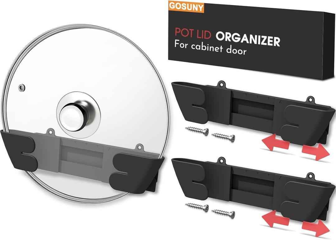 Adjustable Universal Pot Lid Holder Organizer for Cabinet - Upgraded Patented 3 Pack Pan Lids Organizers Inside Door Wall Mount Pots Top Rack for Kitchen Cupboard Fit 6" to 13" (Black)