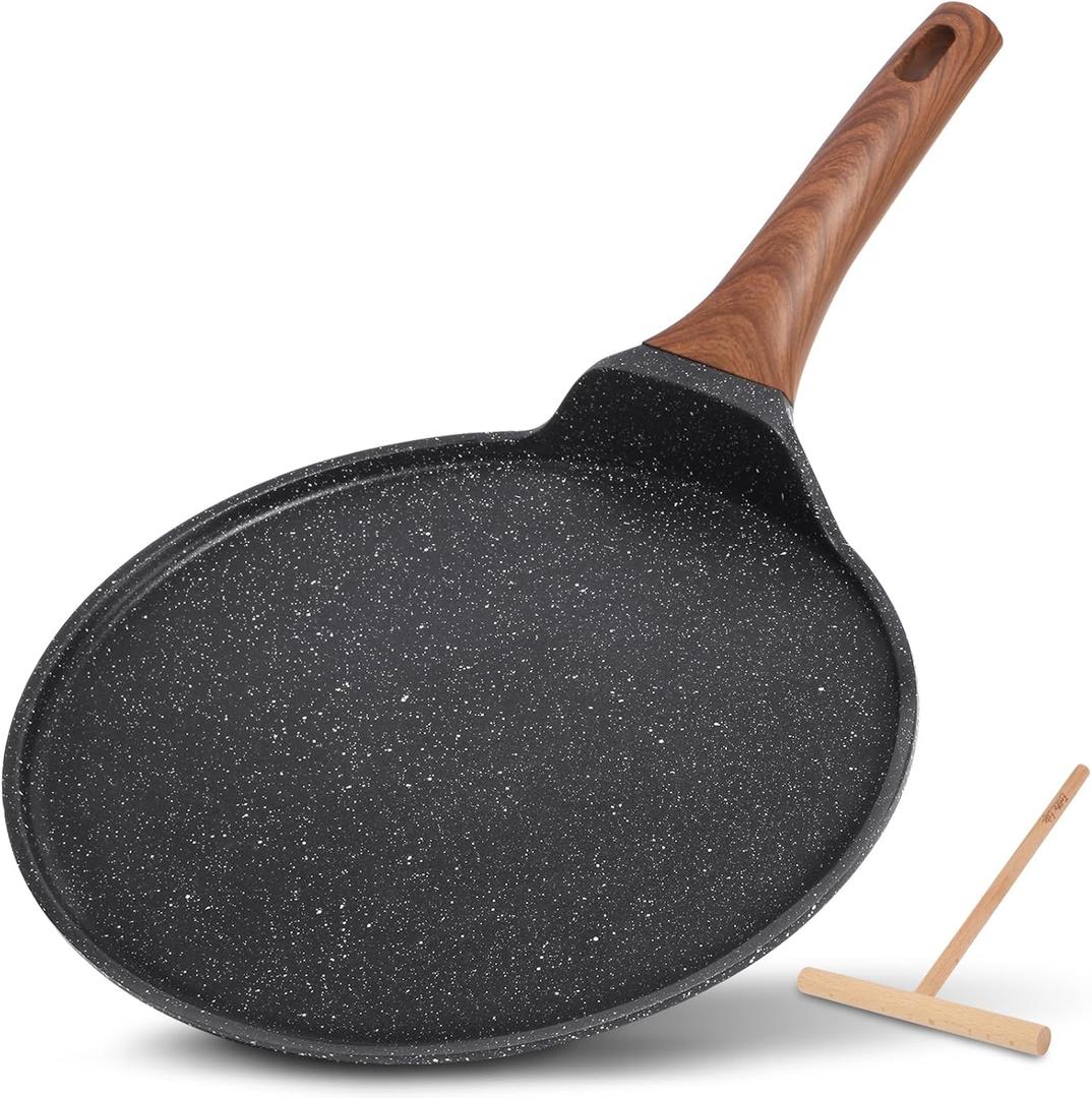 ESLITE LIFE 11 Inch Crepe Pan with Spreader, Nonstick Ceramic Flat Skillet Dosa Tawa Comales Para Tortillas Pancake Pan, PTFE & PFOA Free, Black (11" w/spreader)