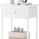 White Nightstand with Fabric Drawer, Night Stand with Open Shelf for Dorm Bedroom End Table Modern