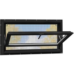 Vinyl Basement Hopper Window, Bathroom Window 32" x 14" Black | Double Pane Insulated Tempered Glass and Fiberglass Screen, Energy Efficient Replacement Window for Basement, Bathroom