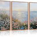 CHDITB Seaside Floral Framed Canvas Wall Art Set, Nature Inspired Ocean View Wall Decor, Sunrise Art Spiritual Wall Painting, Coastal Wildflowers Art Prints for Living Room, Office-Size 16"x24"x3