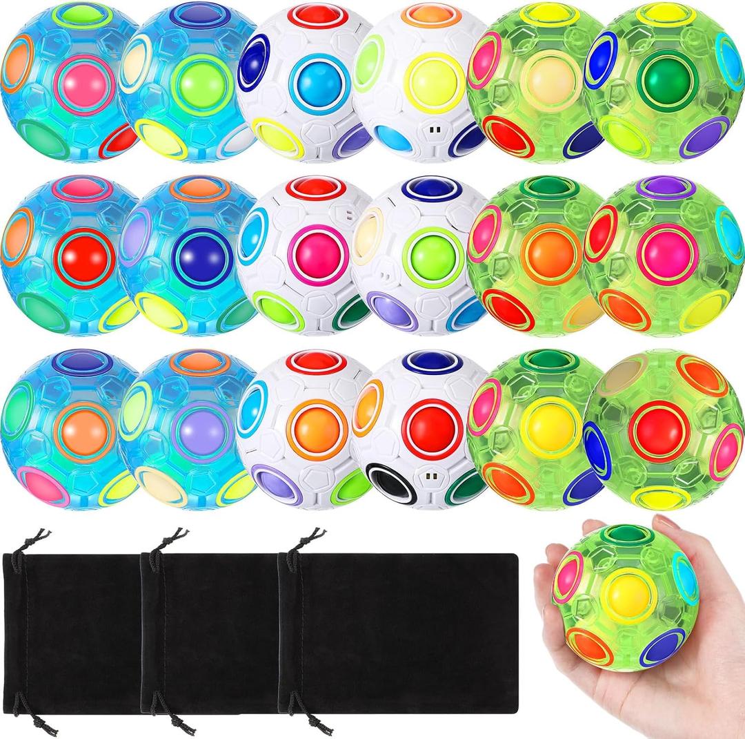 Lenwen 18 Pack Rainbow Puzzle Ball Magic with 3 Pack Pouches Fidget Toy for Kids Speed Cube Ball Funny Stress Reliever Christmas Stocking Stuffers for Kids Teen and Adults
