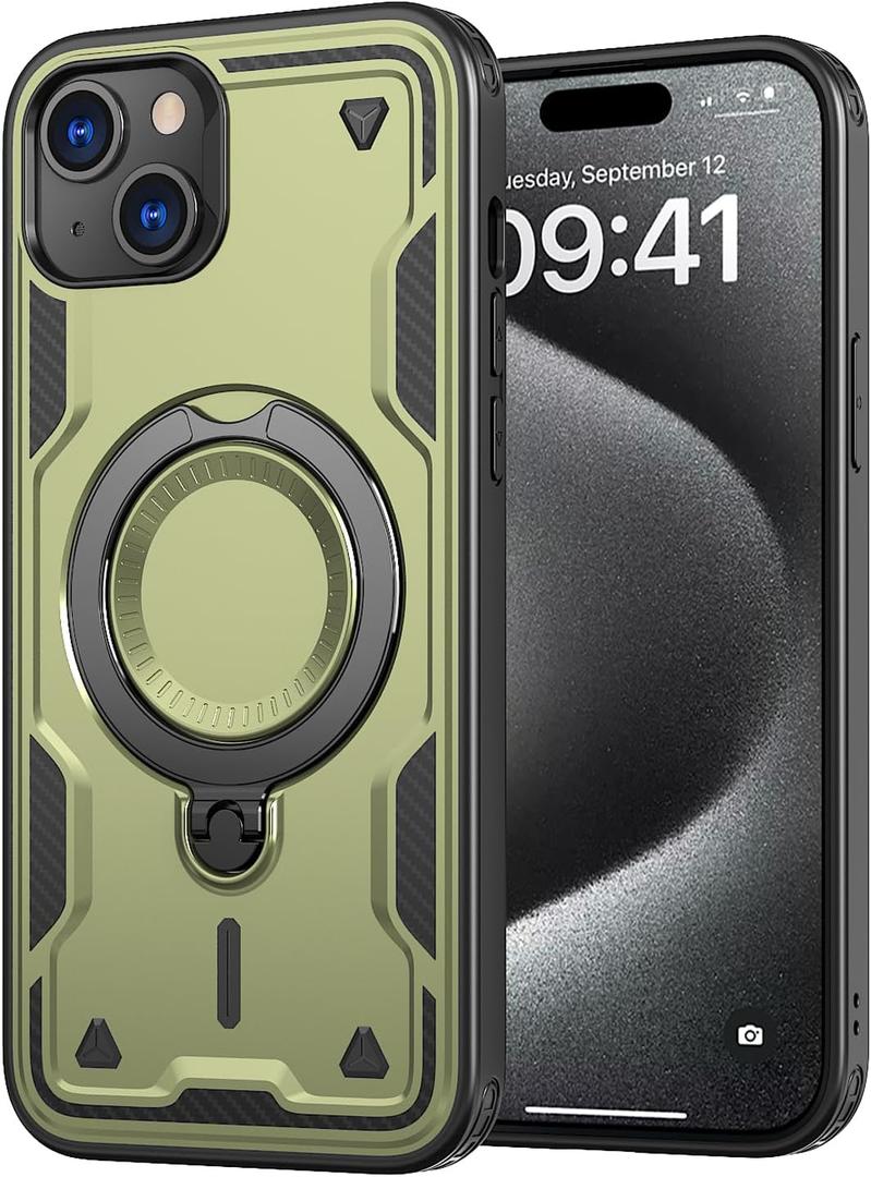 360 Spin Magnetic Kickstand Case for iPhone 15 Plus [Compatible with MagSafe] [Sturdy & Versatile Stand] Military-Grade Drop Protection Anti-Fingerprint Anti-Scratch, Green