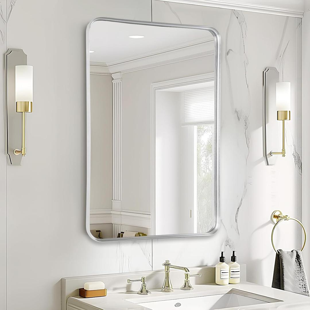 Fabuday Bathroom Wall Mirror Rectangle - 36x24 Inch Large Over Sink Framed Mirror Silver, Rectangular Brushed Mirrors Hanging for Bedroom, Restroom, Living Room, Entryway Decor