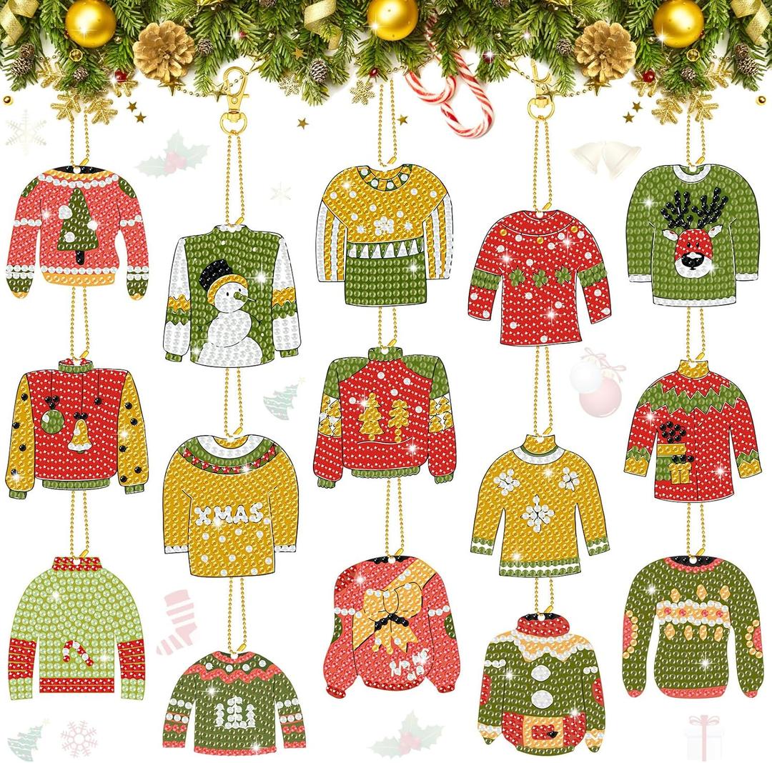Remuuly 15 Pcs Christmas Ugly Sweater Diamond Painting Keychain 5d Double Sided Full Diamond Key Rings Painting Kits for Winter Christmas Hanging Ornaments for Crafts DIY Home Decor