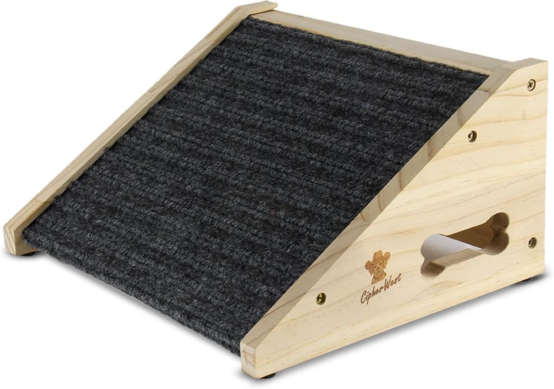 Wooden Dog Ramp for Bed, Sofa - Portable Pet Ramp with Non-Slip Carpet Surface & Bone-Shaped Handle, Senior Dog Stairs for Small Medium Breeds