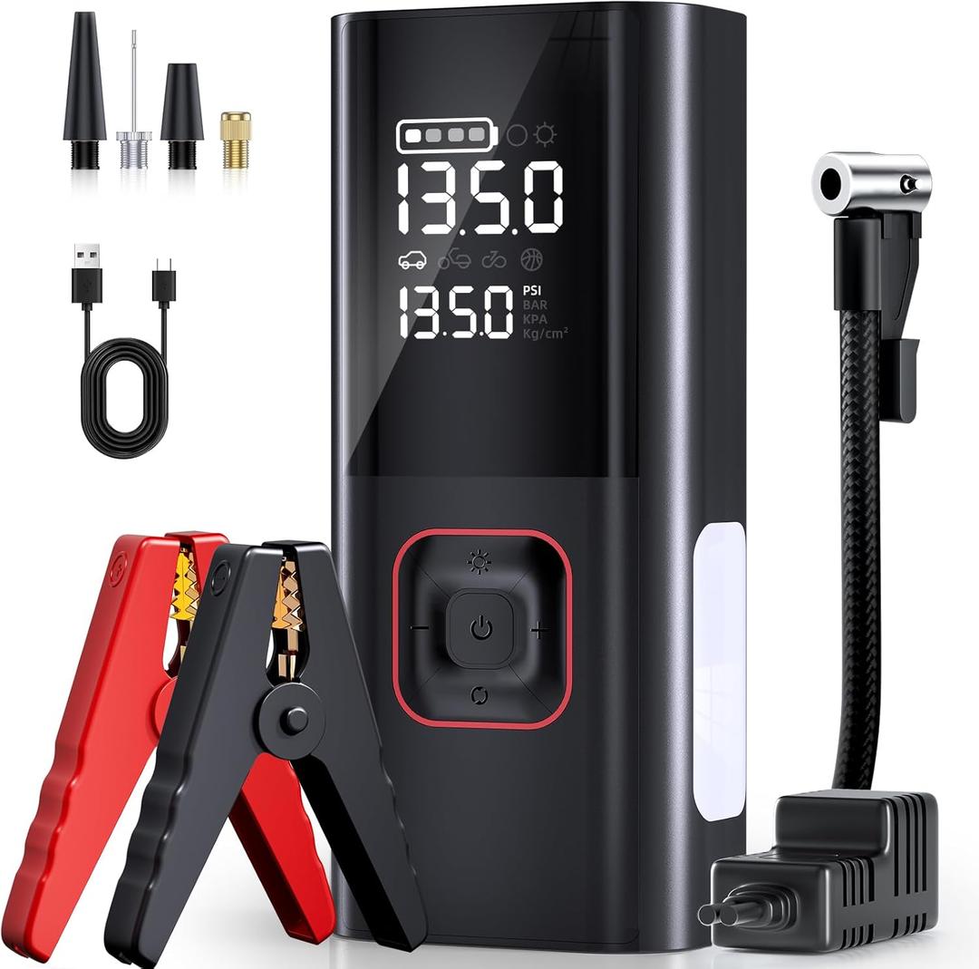 Jump Starter with Air Compressor, 5000A Battery Jumper Starter Portable (9L Gas/8L Diesel) with 160PSI Auto-Shutoff Tire Inflator, 12V Jump Box Car Battery Jump Starter with Jumper Cables, LED Light