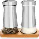 Salt and Pepper Shakers set with Adjustable Pour Holes - Elegant Stainless Steel Spice Dispenser - Perfect for Himalayan, Table Salt, White and Black Pepper (Salt & Pepper Shakers Set + Bamboo Stand)