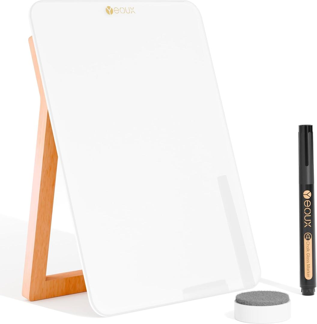 Desktop Glass Whiteboard with Reversible Wood Stand, Small White Board, Mini Dry Erase Whiteboard Easel for Desk, Reusable Desk Notepad 9.5"x6.7" for Home, Office, Accessories Included, Yeoux
