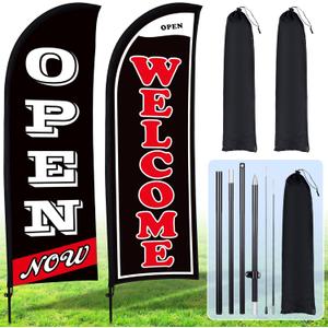 Buryeah 2 Sets Now Open Flag Banner for Business Advertising 7 ft Feather Flag Sign with Flagpole Ground Stake Portable Bag(Black)